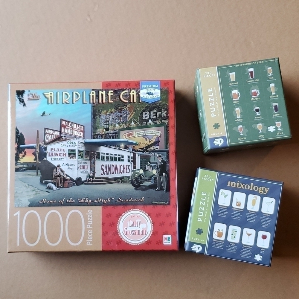 3 Puzzle combo Airplane Cafe, Origin of Beer & Mixology .NIB sealed